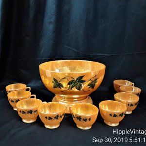 Autumn Holiday Punch Bowl set - Vng Fire King Lusterware Punch Bowl Set